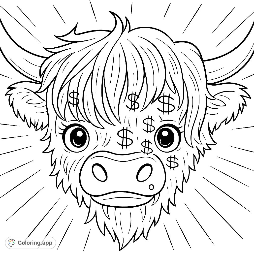 Color a unique shaggy bull with dollar signs, featuring anime-inspired eyes and expressions. A highly detailed, dynamic composition for creative fun!