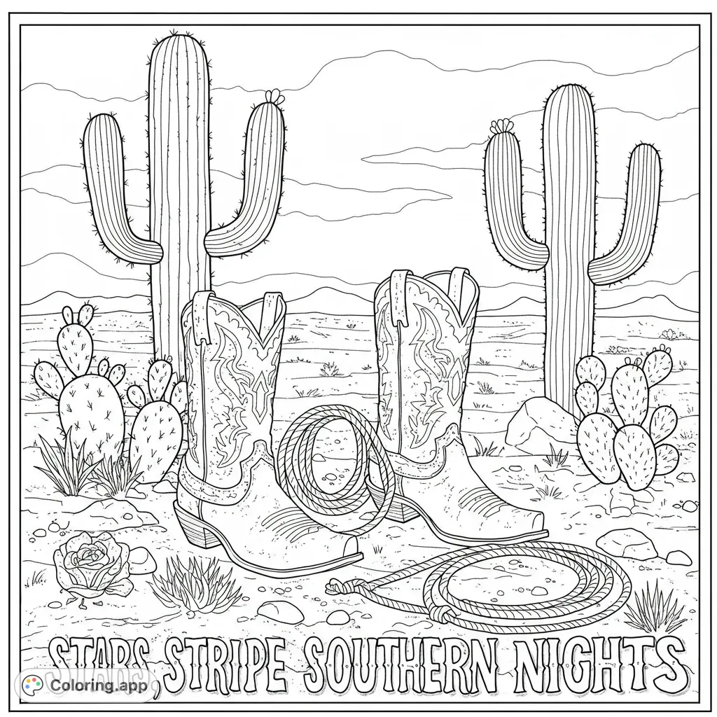 Explore a detailed southern-themed coloring page featuring a classic cowboy boot, coiled lasso, and various cacti, set against a desert backdrop.
