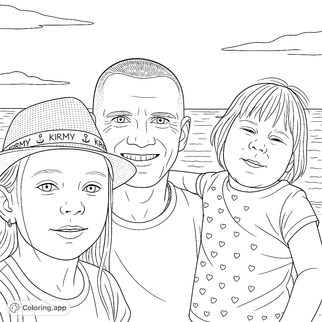 Capture a heartwarming family moment on the beach. This free printable family beach coloring page features a father and his two children by the ocean.