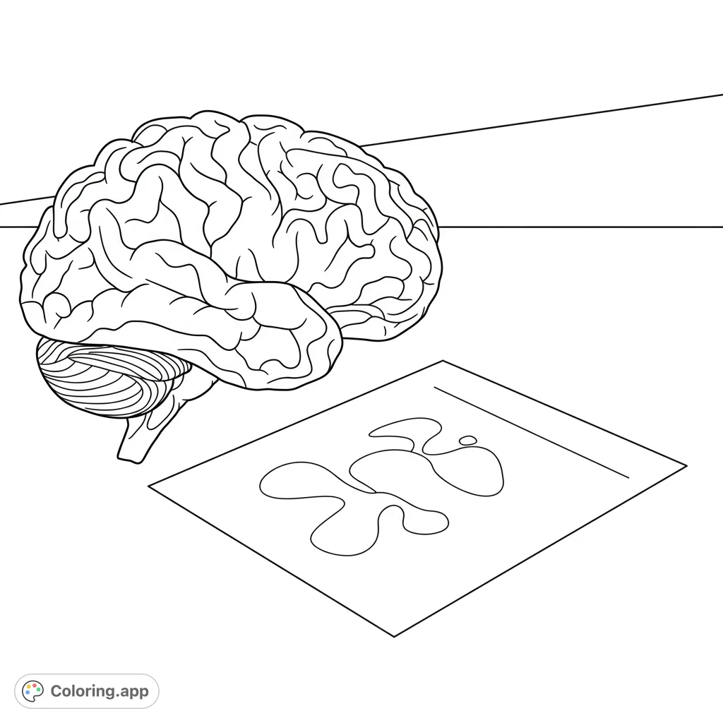 Discover tranquility with a brain on a desk, featuring a serene drawing. A calming scene for mindful coloring and relaxation.