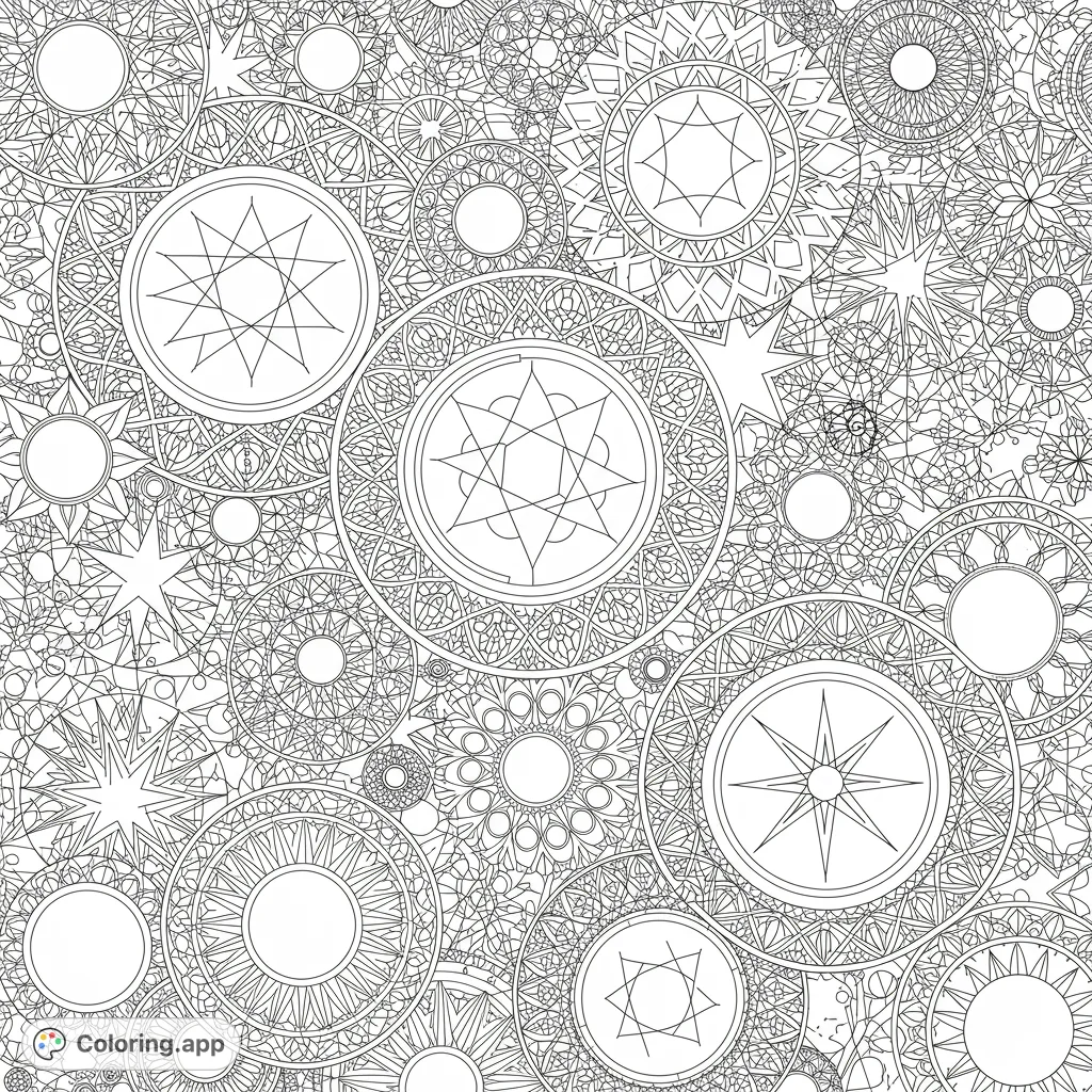 Dive into a mesmerizing world of overlapping geometric circles and intricate stars. A complex pattern perfect for detailed coloring.