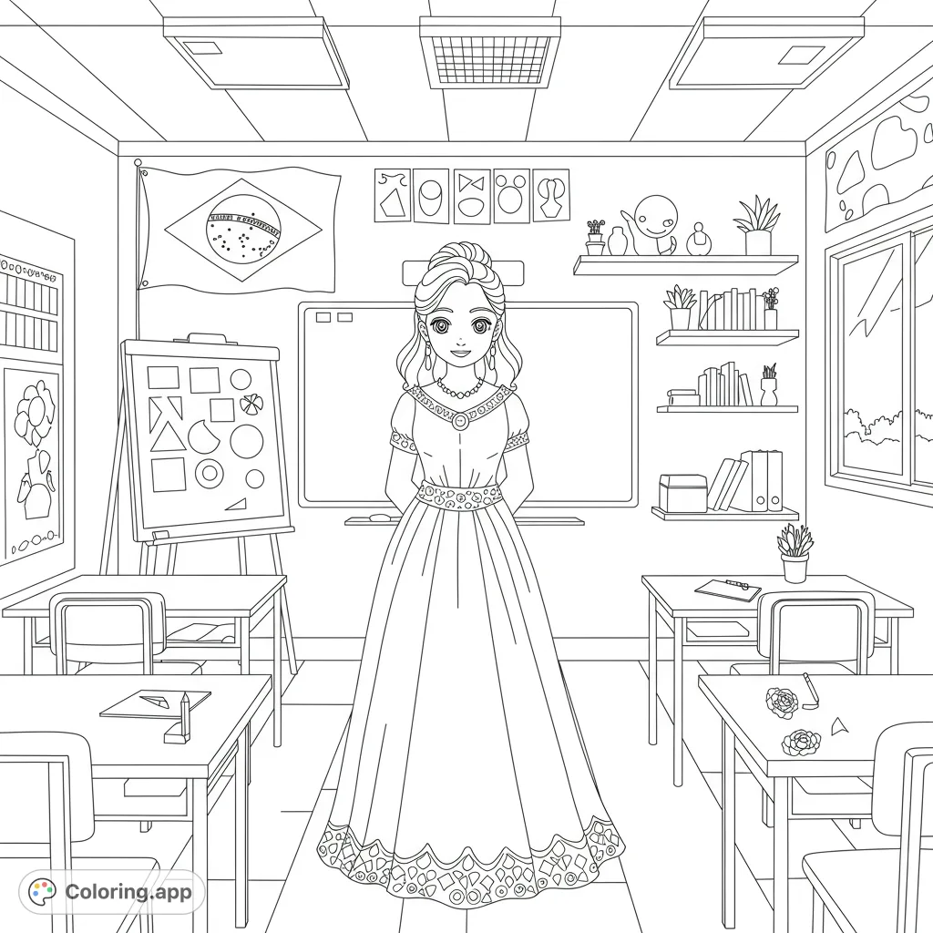 A charming princess-like teacher in an anime-inspired classroom, featuring a Brazilian flag and intricate geometric patterns. Perfect for detailed coloring.