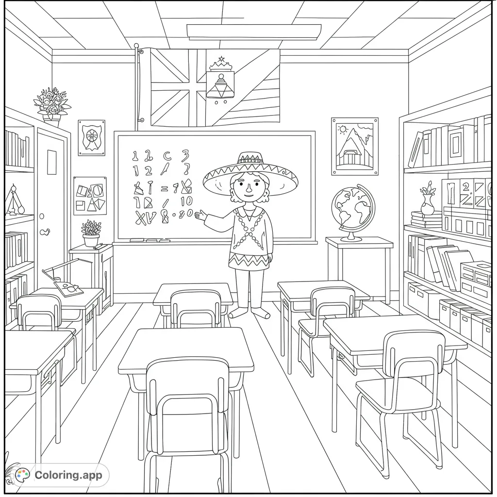 A delightful teacher in a hat welcomes students to a vibrant classroom, complete with a Brazilian flag and geometric patterns, perfect for kids!