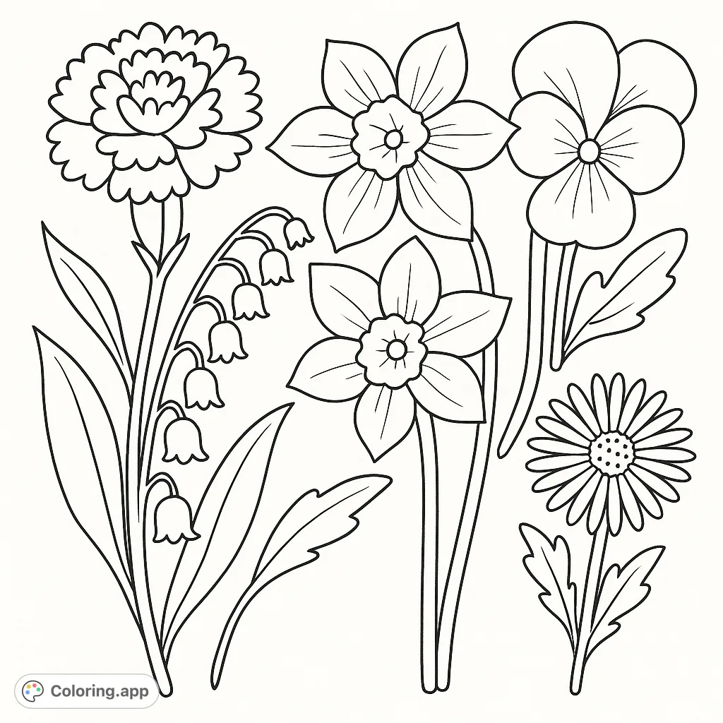 A delightful assortment of spring flowers, including a carnation, daffodils, lily of the valley, pansy, and aster, perfect for a relaxing coloring experience.