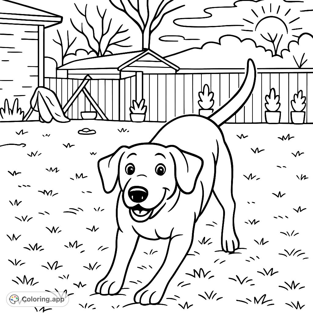 A charming cartoony Labrador in a playful pose, ready for fun in a backyard setting. Perfect for kids and dog lovers to color!