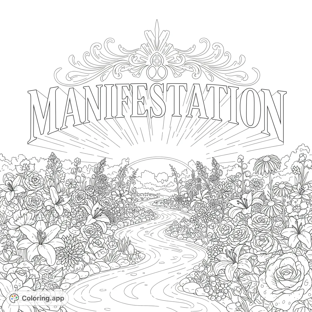 A highly detailed Manifestation coloring page featuring a grand word, ethereal light arc, and a lush garden with flowing water. A free printable coloring page for adults.
