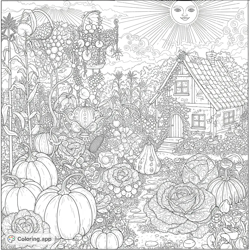 Explore a highly detailed, surreal garden with oversized fruits, vegetables, and a charming cottage under a radiant sun. A dreamlike escape.