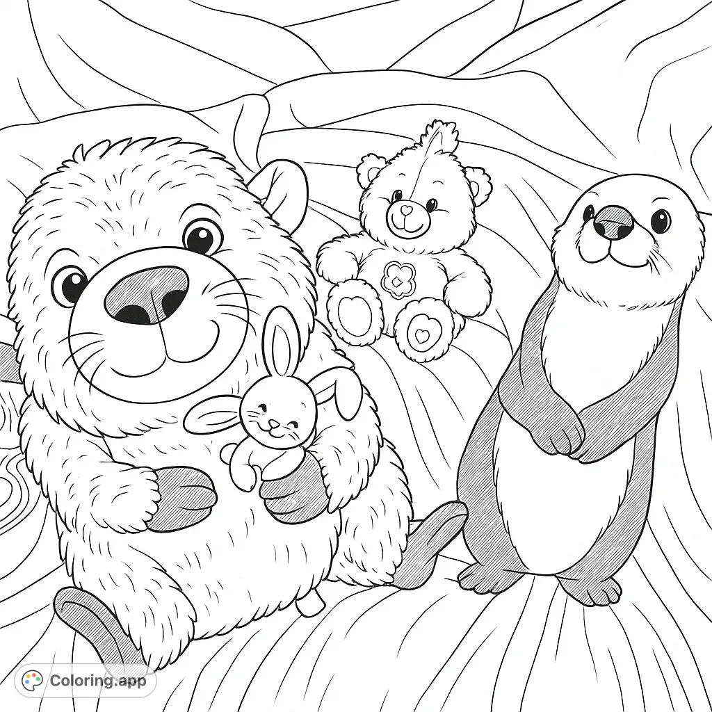 Discover a heartwarming scene of three plush animal friends, including a large creature holding a tiny bunny, ready for your creative touch.