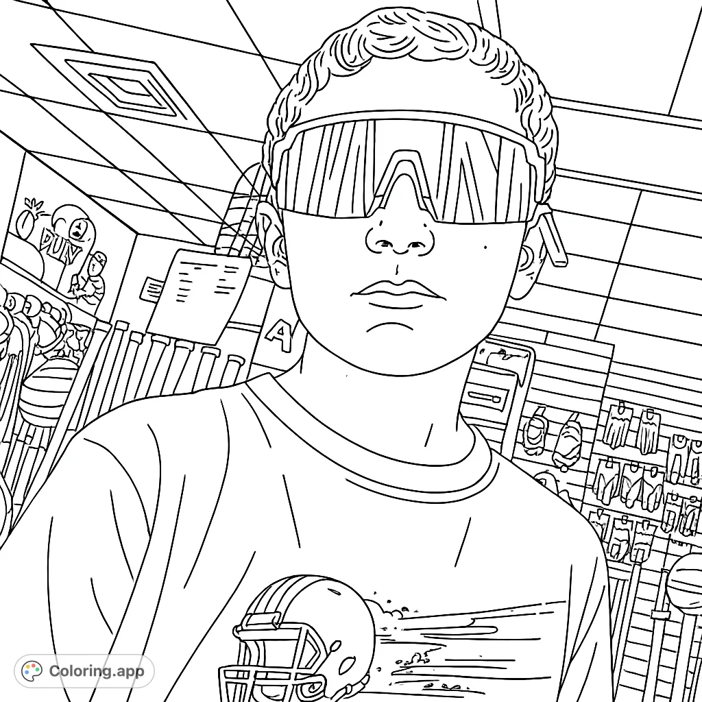 Color a cool young sports fan wearing stylish, reflective sunglasses and a graphic tee in a sports store. Perfect for sports enthusiasts!