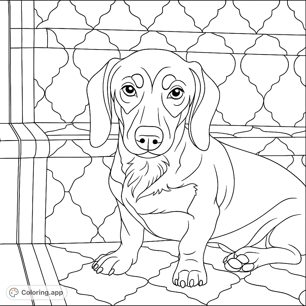A charming dachshund puppy sits patiently on patterned stairs, ready for a fun coloring adventure. Perfect for dog lovers!