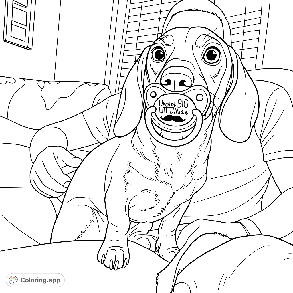 An adorable dachshund puppy with a pacifier sits on a person's lap, creating a heartwarming scene. Perfect for animal lovers and aspiring artists.