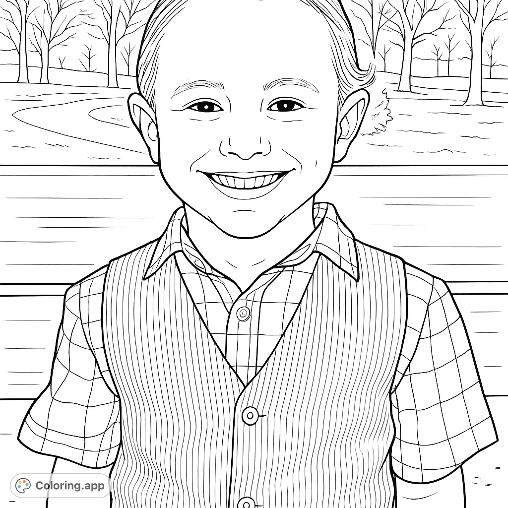 A delightful coloring page featuring a happy boy in a plaid shirt and vest, smiling in an outdoor park setting. Perfect for young artists.