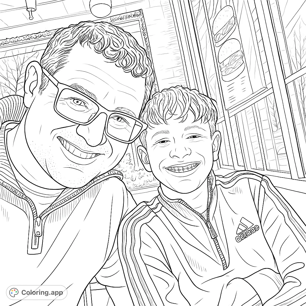 Capture a heartwarming moment with this happy family portrait coloring page. Features a smiling adult and child, perfect for personalizing with your favorite hues.