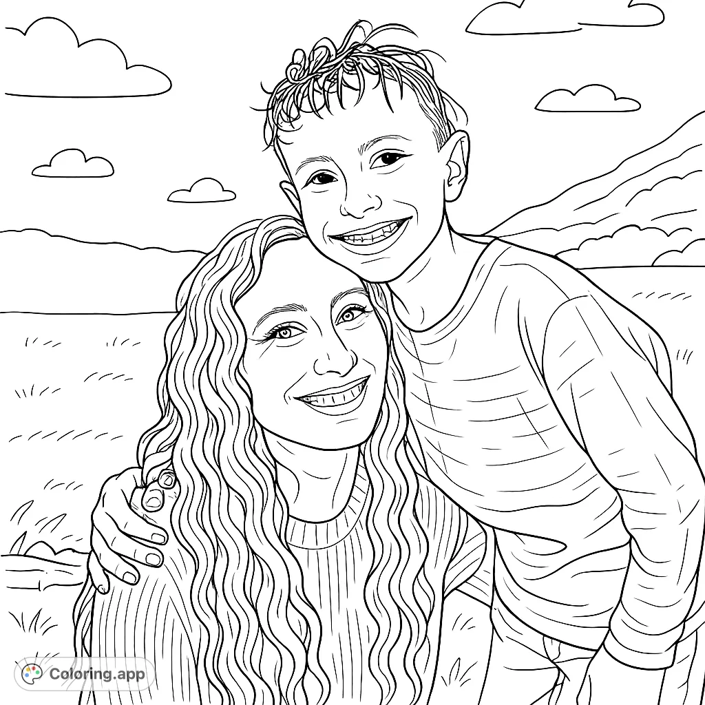 Capture a heartwarming moment between a mother and son in an outdoor setting. This free printable coloring page features a close embrace, perfect for family themes.