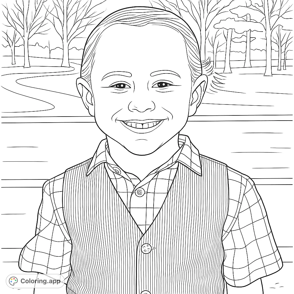 A cheerful young boy in a plaid shirt and pinstriped vest, smiling brightly. Perfect for kids and adults to color and personalize.