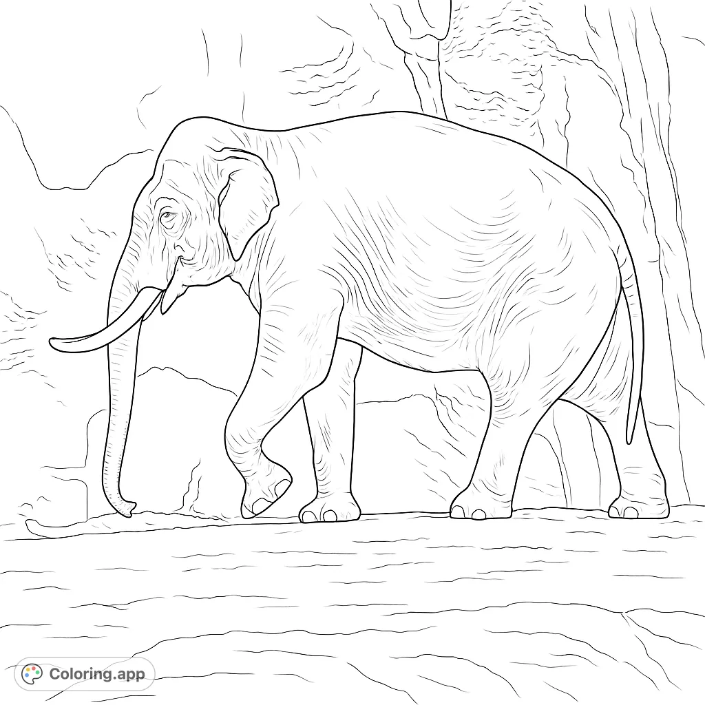 Color a majestic elephant walking against a textured rock backdrop. A detailed, free printable elephant coloring page for all ages.