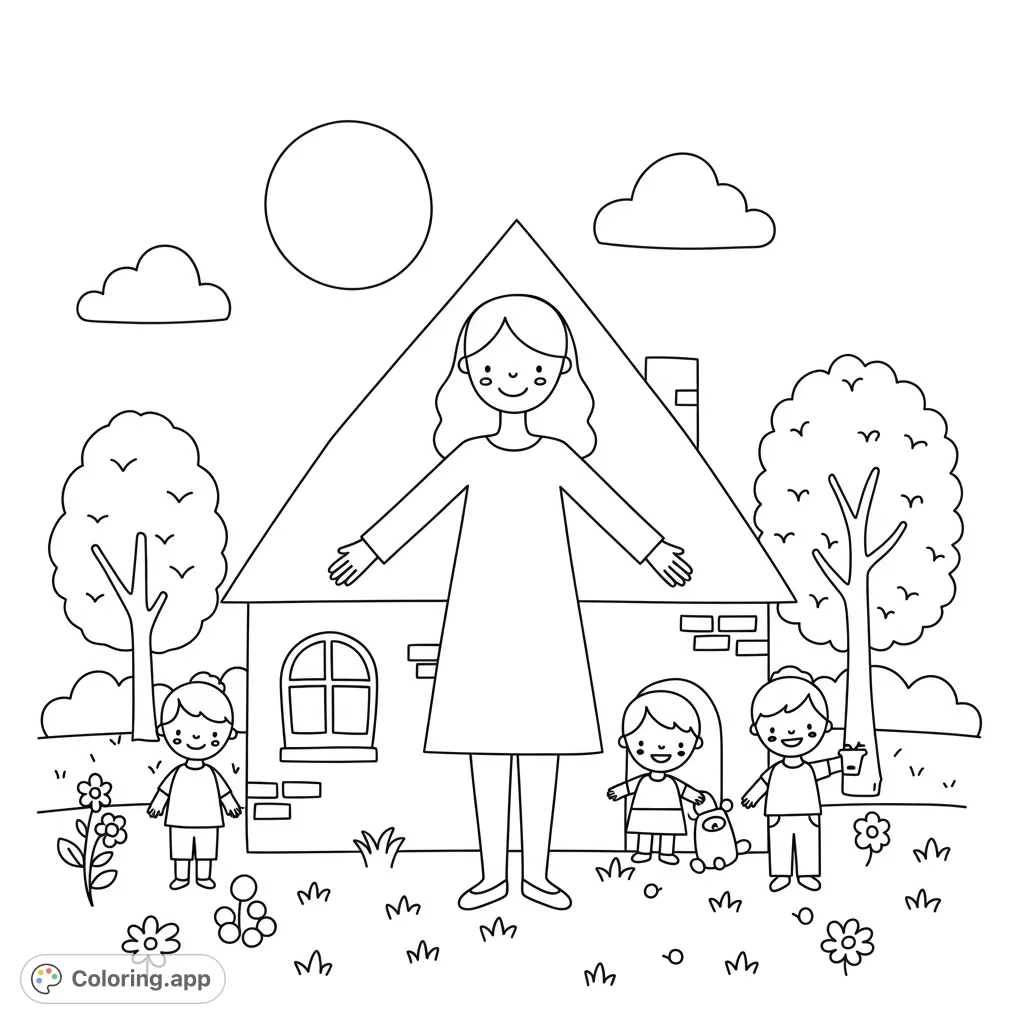 A heartwarming home coloring page featuring a wise woman, her family, and a cozy house, perfect for teaching about building a strong home.