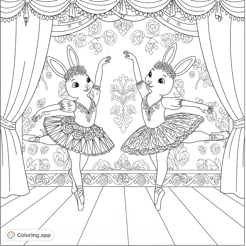 Two adorable bunnies perform a graceful ballet on stage, complete with tutus and slippers. A charming free printable bunny ballet coloring page for kids.