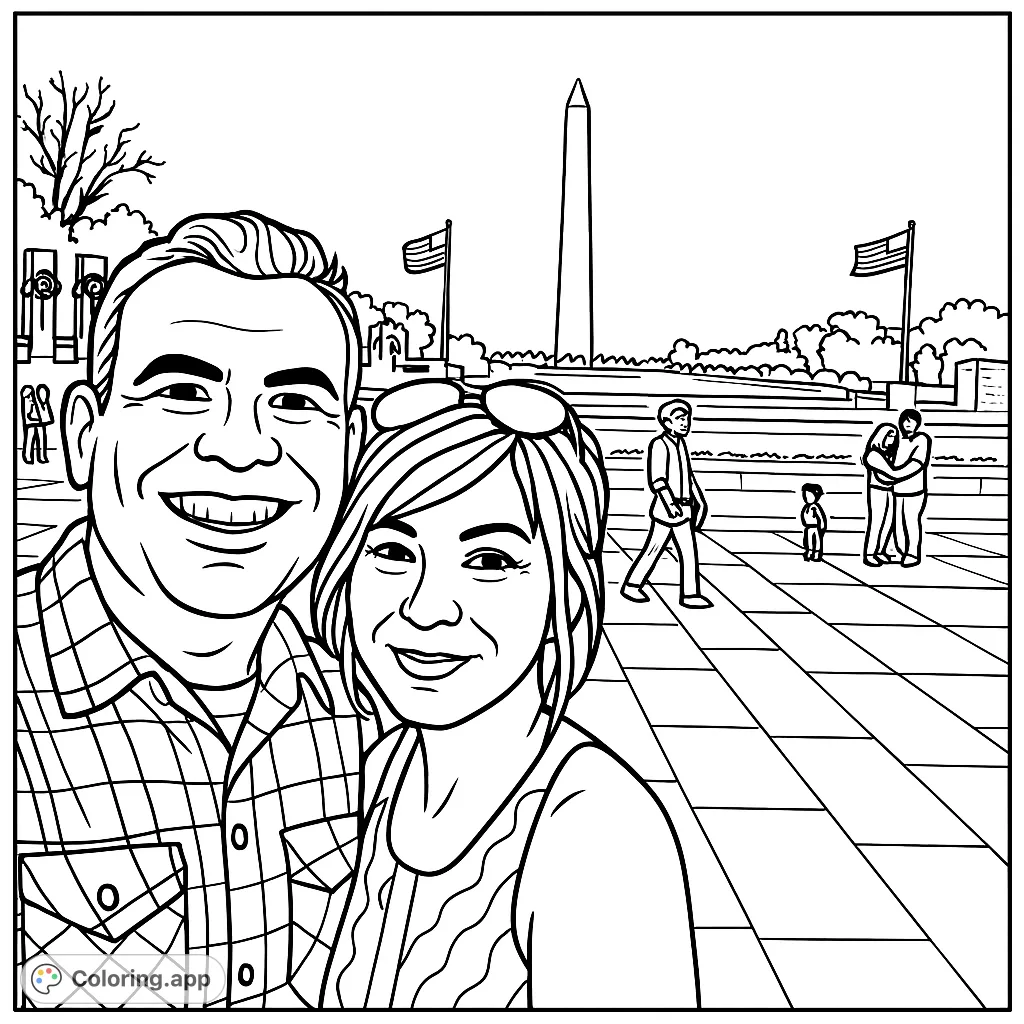 Explore Washington D.C. with this fun coloring page featuring iconic landmarks and a cheerful couple. Perfect for all ages!