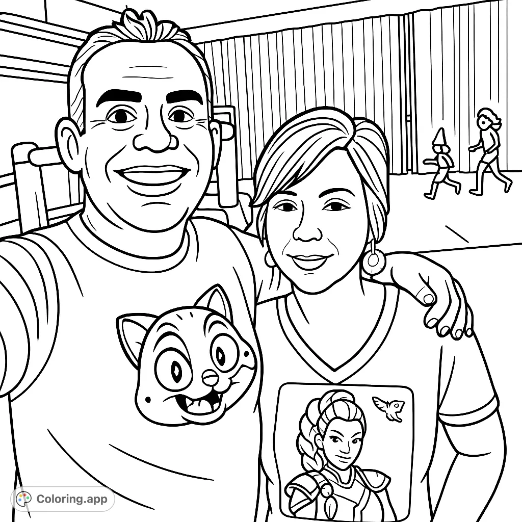 Capture the joy of an indoor gathering with smiling faces, playful characters on shirts, and children enjoying a bouncy structure. A fun, cartoony coloring adventure!