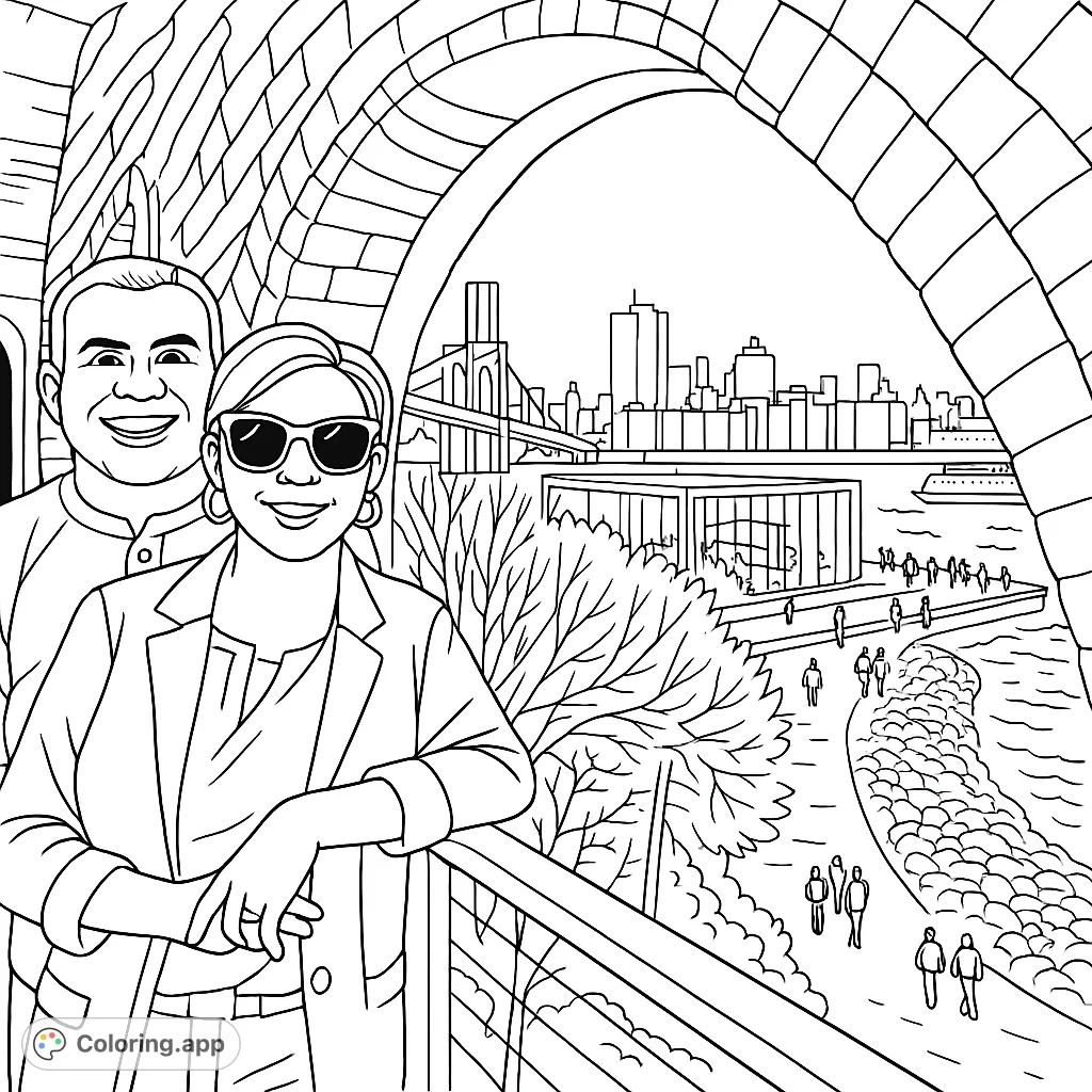 Color a charming couple framed by a brick archway, overlooking a bustling city waterfront with a bridge, ferry, and distant skyline. A cartoony style with bold outlines.