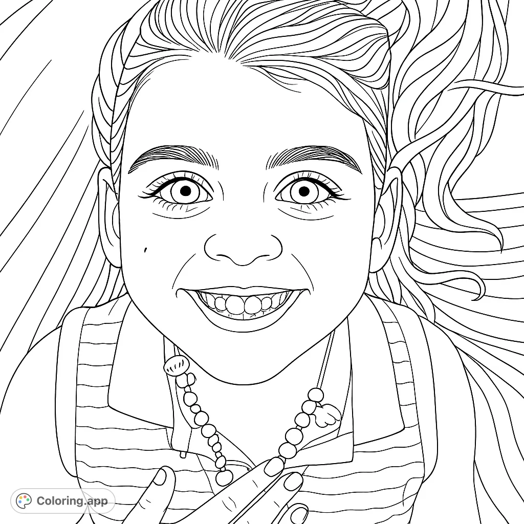 A delightful portrait of a smiling young girl, perfect for a happy child coloring page. Features a striped top and beaded necklace.