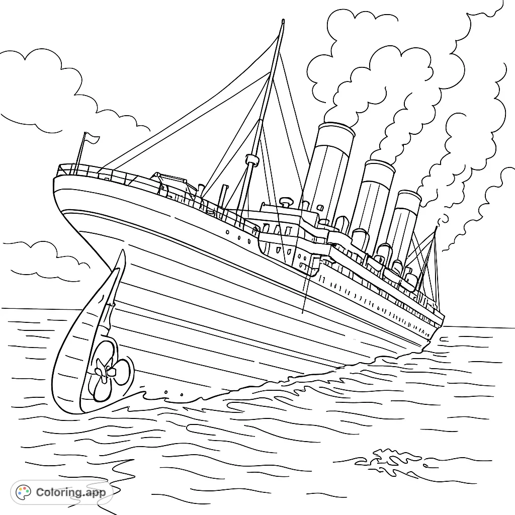 A dramatic scene of a grand ocean liner sinking, with its stern rising high above turbulent waters. A powerful and historical vessel.