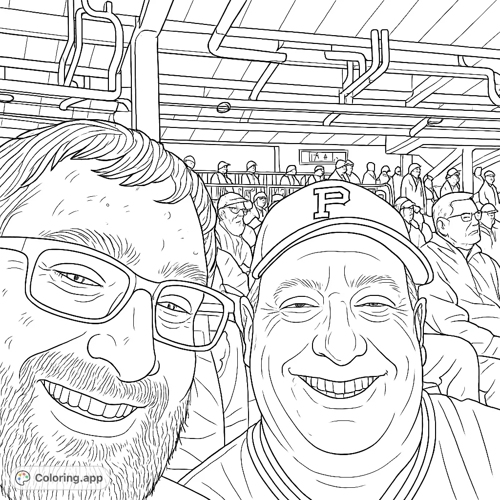 Two smiling fans capture a moment at a bustling stadium, perfect for sports enthusiasts. Bring the excitement of game day to life with your colors!