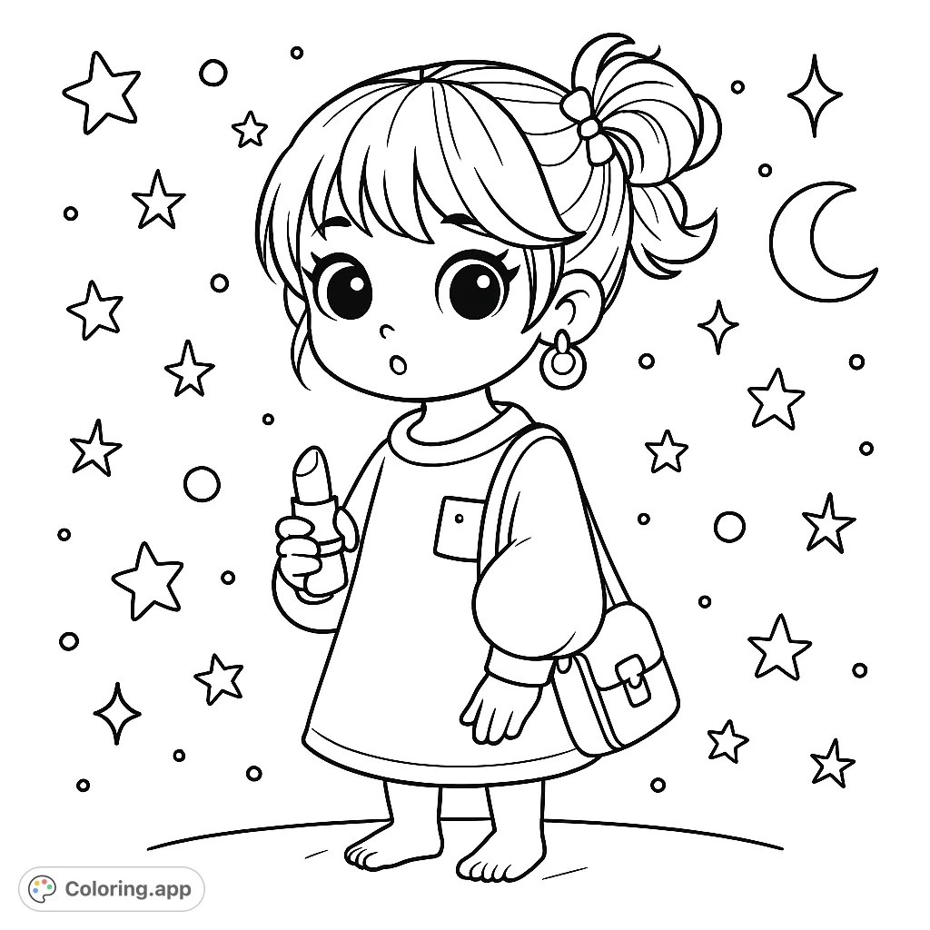 Adorable chibi girl with a purse and lipstick, ready for a fun fashion adventure. Perfect for creative coloring and adding your own style.
