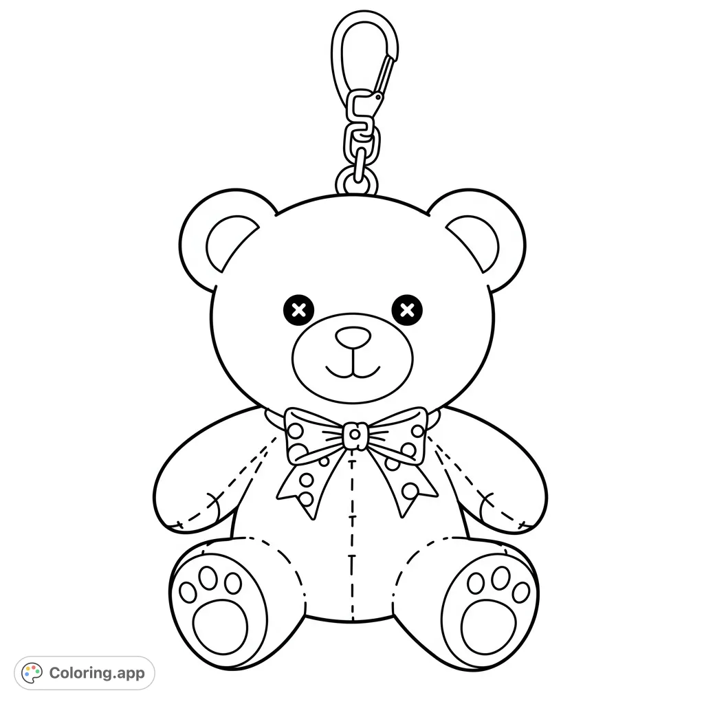 A charming, fluffy teddy bear keychain design, perfect for a delightful coloring experience. Features a cute bear with a prominent keyring.