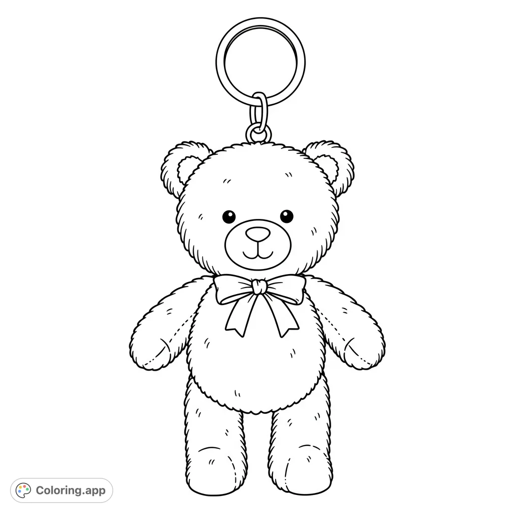 A delightful teddy bear keychain coloring page, featuring a fluffy bear with a charming expression, perfect for creative fun.