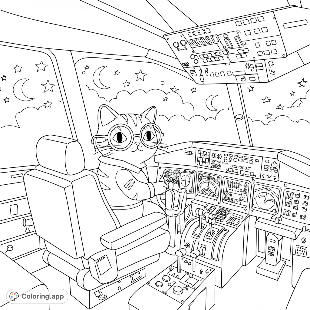 A charming cartoony tamcat pilot in glasses flies an airliner through a starry sky. A simple, fun animal pilot coloring page for kids.