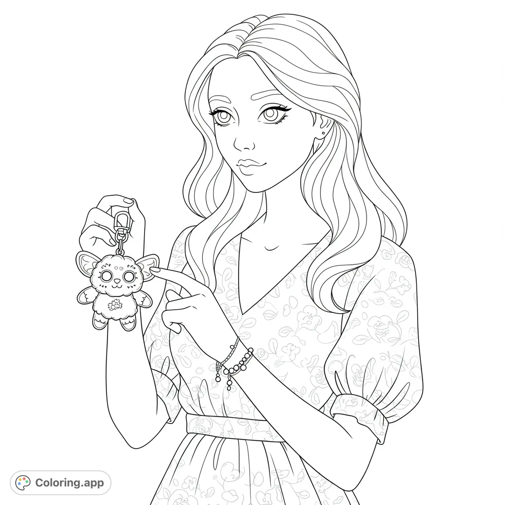 A detailed coloring page featuring a woman with flowing hair holding an adorable, intricately designed fluffy creature keychain. Perfect for creative expression!