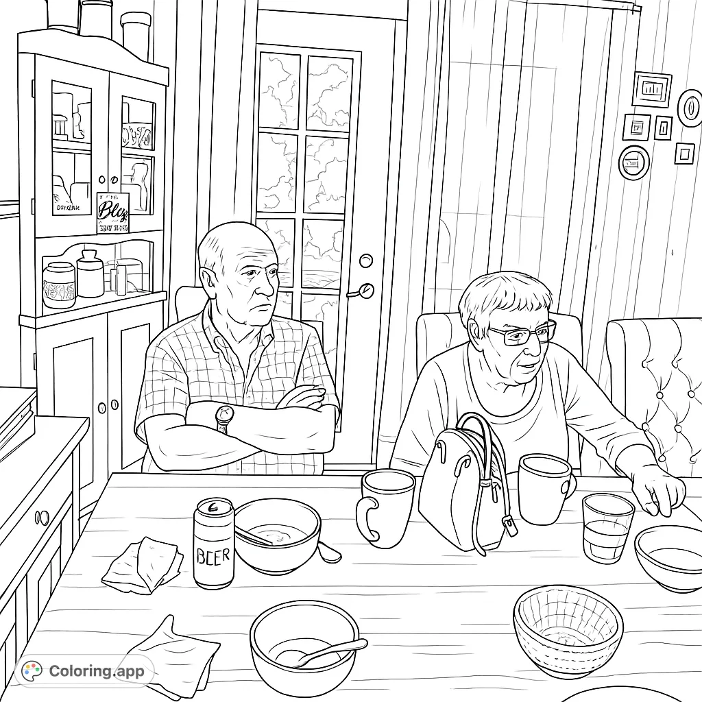 A cozy indoor scene featuring two individuals seated at a table, surrounded by home decor and everyday objects, perfect for a relaxing coloring experience.