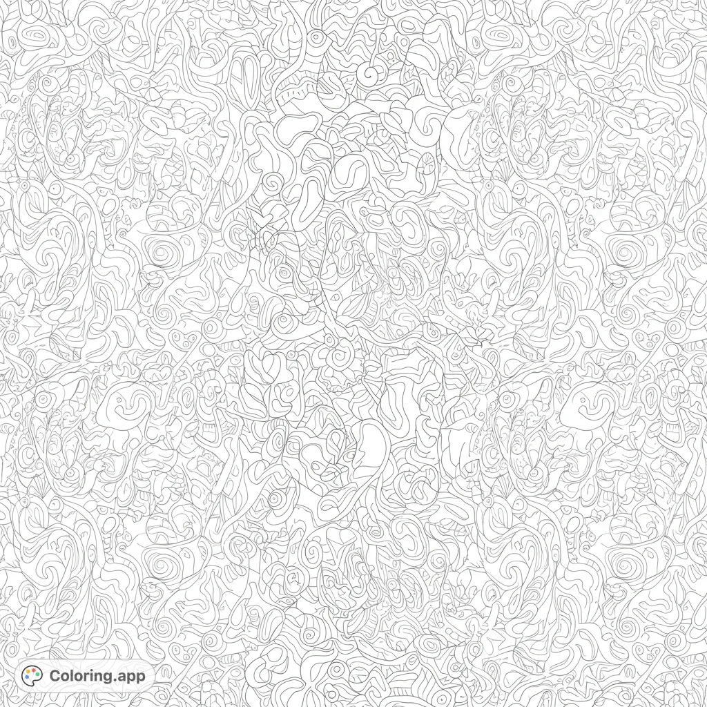 Explore a mesmerizing abstract design filled with intricate, flowing squiggly lines. A unique free printable coloring page for creative expression.