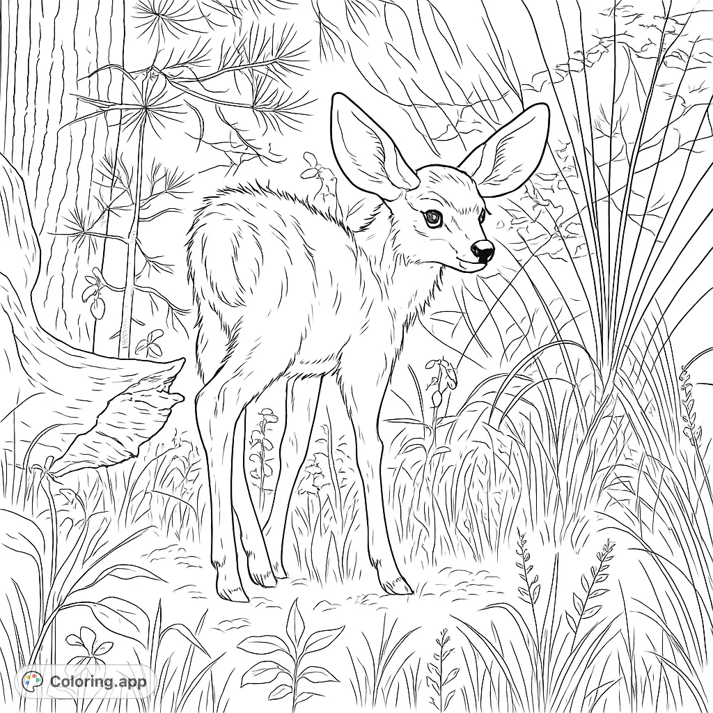 A charming young deer stands amidst tall grasses and trees, offering a delightful nature scene for coloring enthusiasts of all ages.