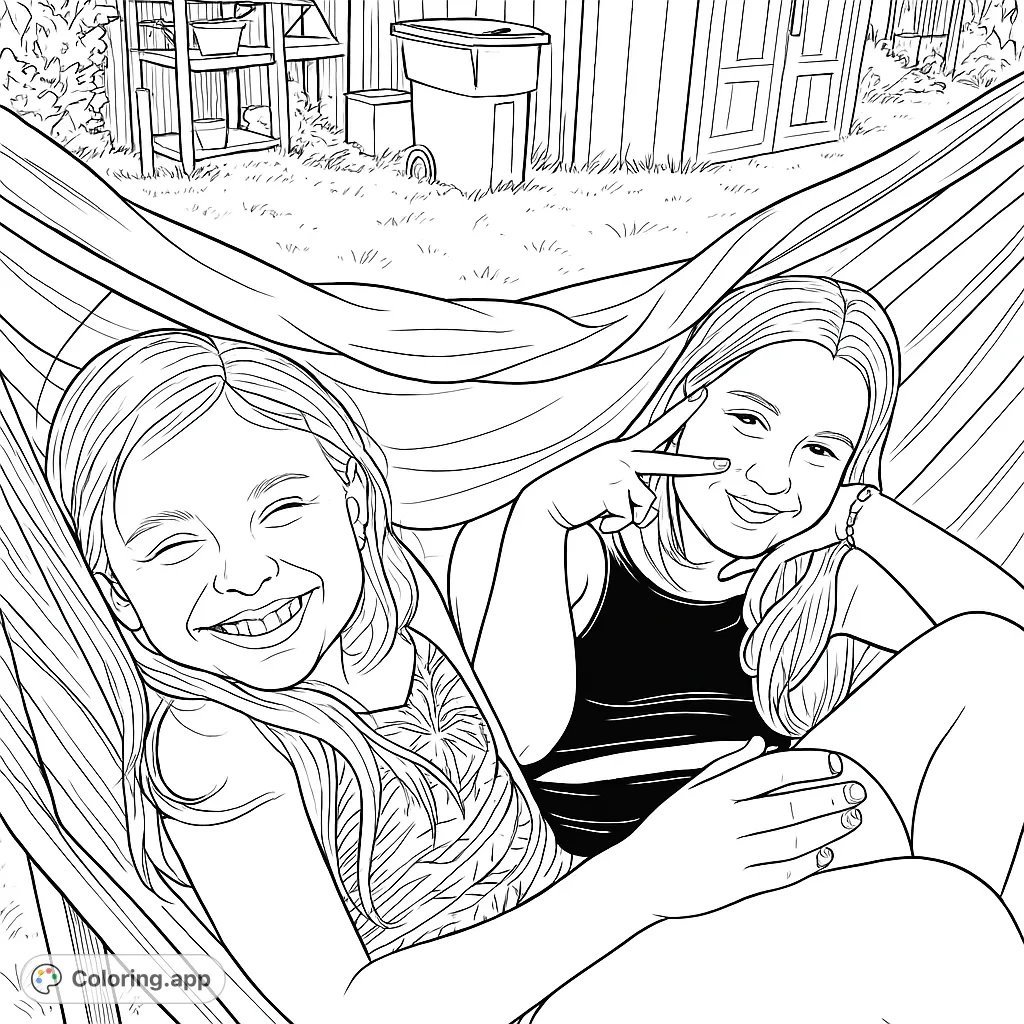 Two cheerful friends enjoying a relaxing moment in a striped hammock, perfect for a sunny day of creative coloring and imaginative play.