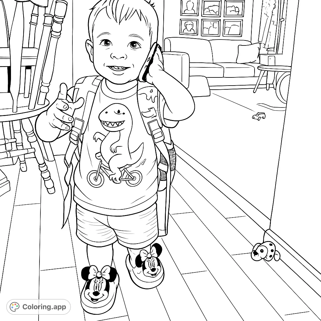 Adorable child with a backpack and character slippers, making a pretend phone call. A delightful, free printable kids coloring page for imaginative play.