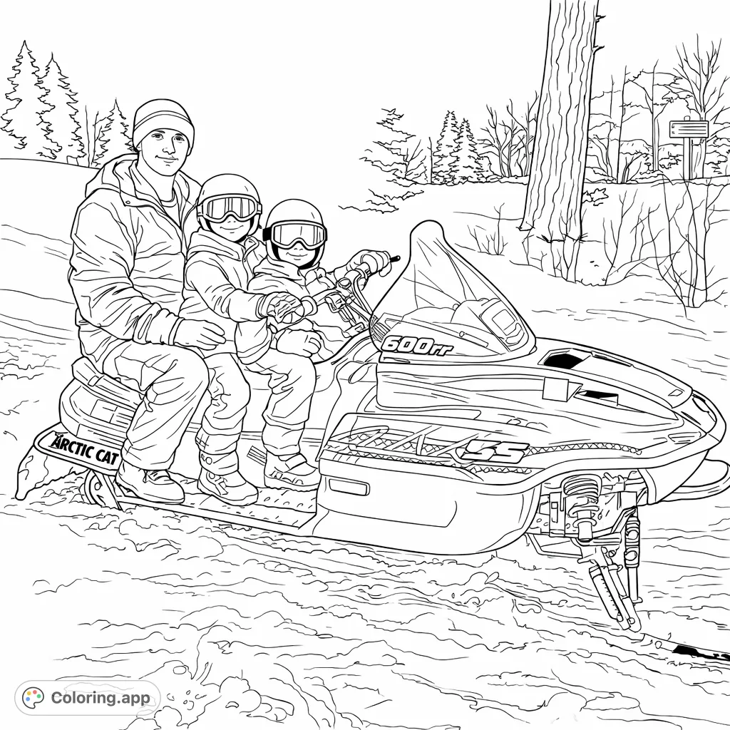 Join a family on a thrilling snowmobile adventure through a snowy forest. This winter sports coloring page captures a fun moment for all ages.