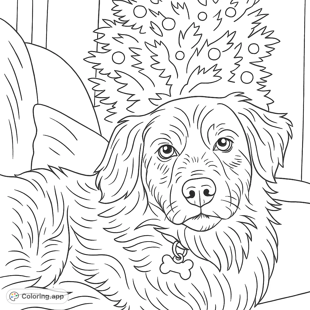 A heartwarming holiday dog coloring page featuring a loyal companion with a bone tag and a festive tree background. Perfect for pet lovers!