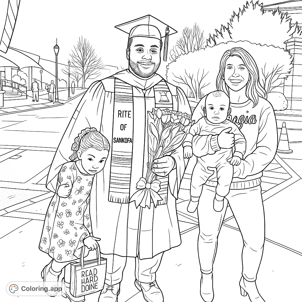 Celebrate achievement with this graduation family portrait coloring page. Features a graduate, family, and a festive campus background.