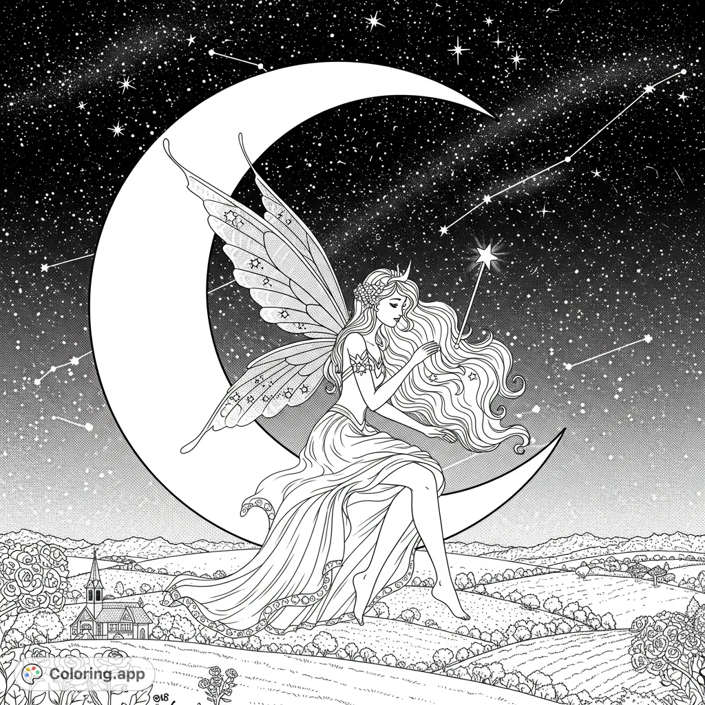 A graceful fairy, Luna, rests on a luminous crescent moon, overlooking a peaceful village under a star-filled sky with a shimmering aurora. Perfect for fantasy lovers.