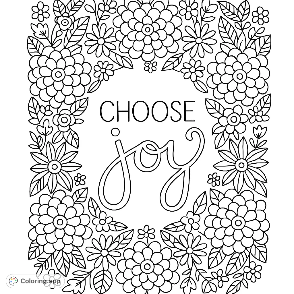 A beautiful floral frame surrounds the uplifting message 'CHOOSE joy', perfect for mindful coloring and spreading positivity.