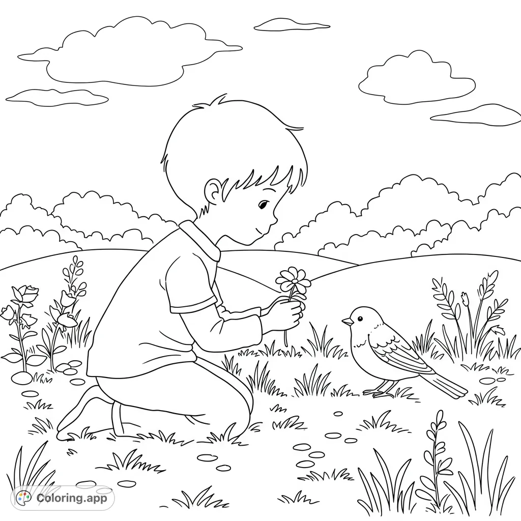A heartwarming scene of a child offering a flower to a small bird, symbolizing kindness and compassion. Perfect for teaching empathy and gentle interactions.