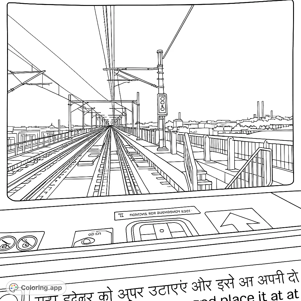 Explore an urban rail journey from a train cabin, featuring elevated tracks, intricate overhead lines, and a sprawling cityscape. A detailed metro coloring page.