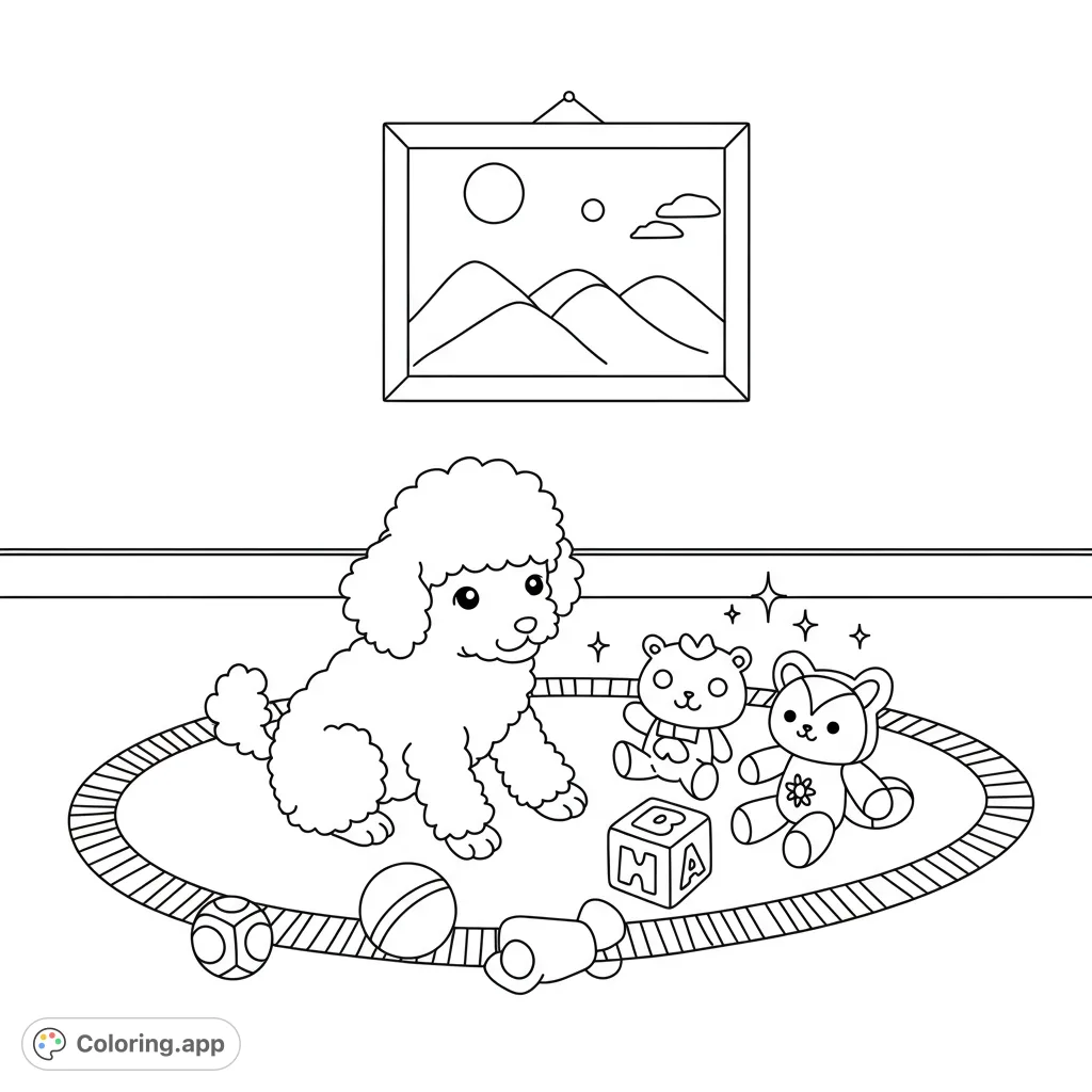 A charming poodle puppy plays with magical toys in a room with geometric patterns. A delightful fantasy poodle puppy coloring page for kids!