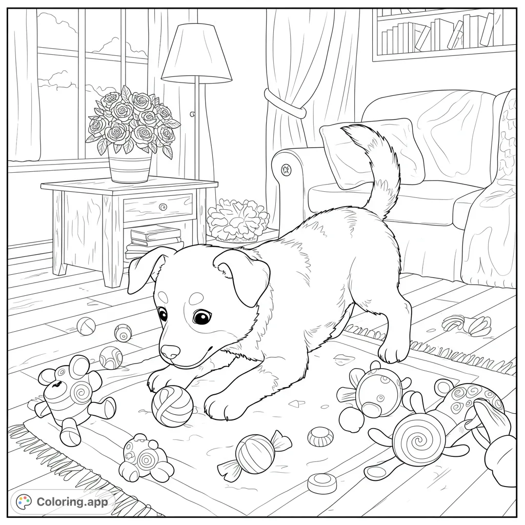 A delightful puppy playing energetically in a cozy home setting, perfect for a free printable puppy coloring page, offering hours of creative fun.