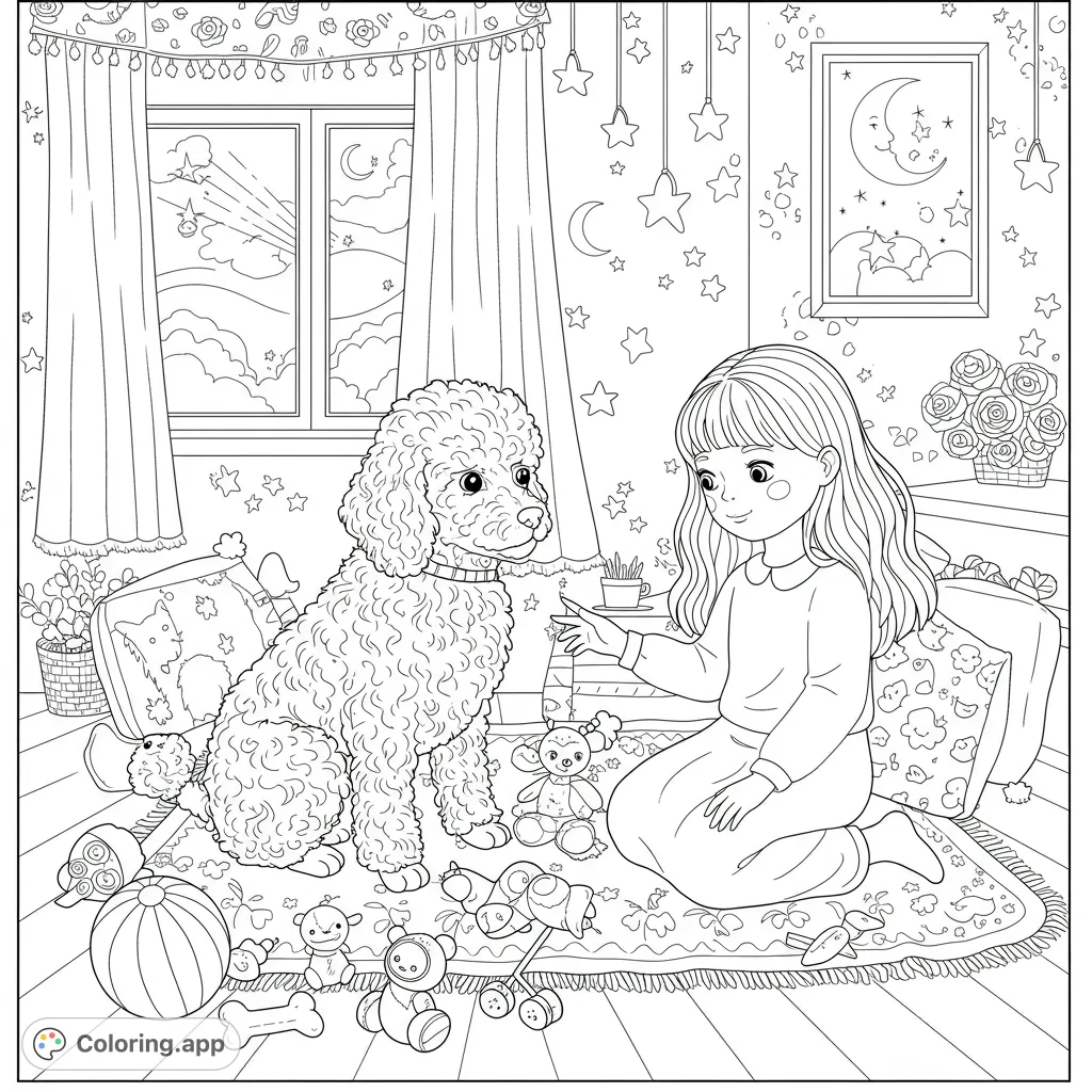 A delightful poodle puppy and a little girl share a playful moment in a cozy room adorned with stars, perfect for a charming coloring adventure.