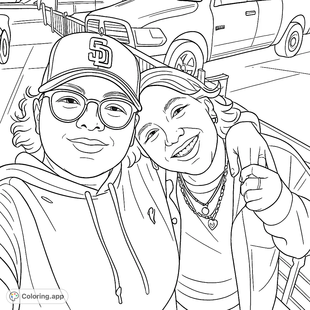 Capture the joy of friendship with this smiling friends outdoor portrait coloring page. Features two happy individuals, perfect for personalizing.