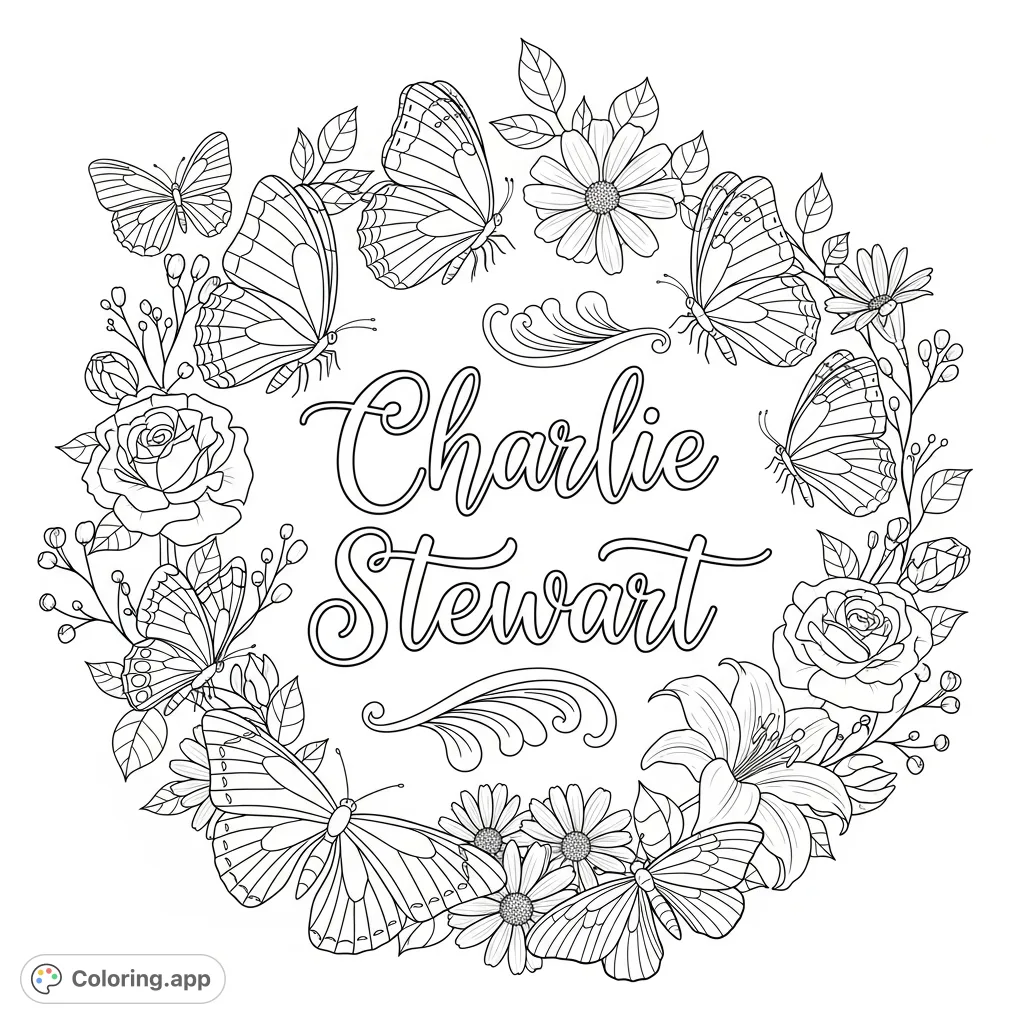 A beautiful Charlie Stewart coloring page featuring a personalized name surrounded by an intricate design of butterflies and various flowers.